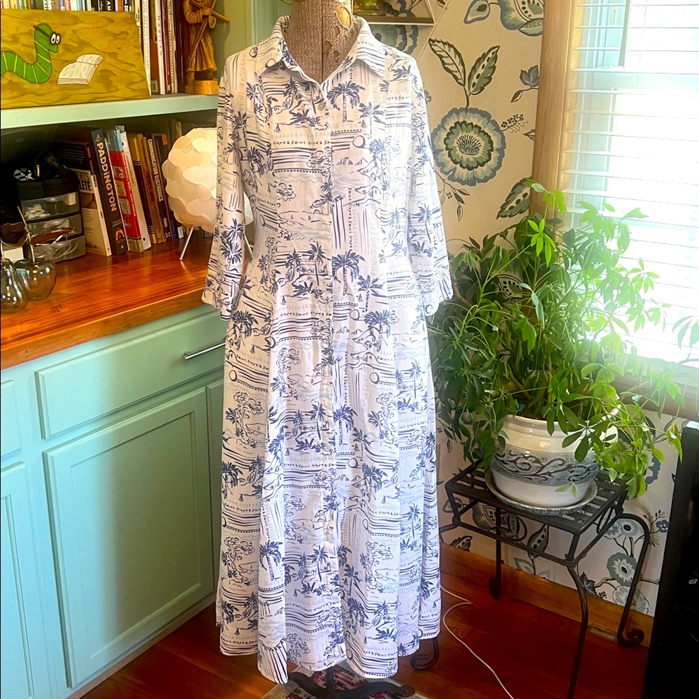 Calypso St. Barth Shirt Dress Linen Button Front 3/4 Sleeve Maxi Blue White